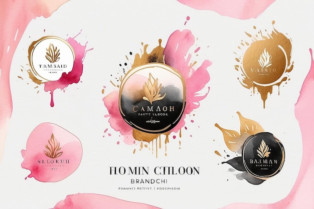 Feminine Luxury Logo Design Template with Pink Gold Brush Set