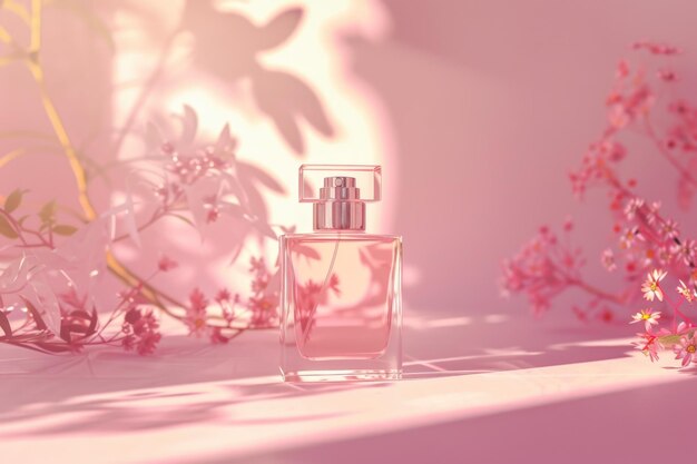 Feminine perfume in transparent bottle on pink background Trendy natural materials