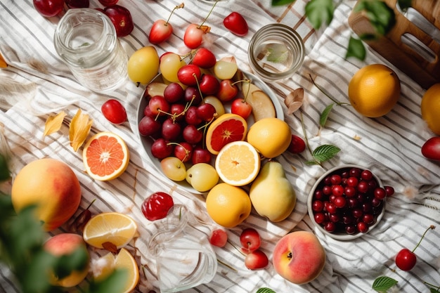 Feminine summer picnic flatlay fruits berries and lemon water on striped cotton blanket