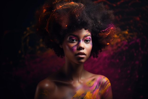 Femininity female beauty concept Candid black woman with bright colors of paint on afro hairstyle face and body Portrait of an African American woman looking at camera Generative AI