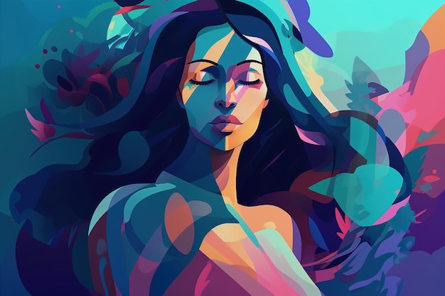 Femininity female beauty confidence art concept Beautiful woman with closed eyes enjoying the tranquility abstract illustration Generative AI