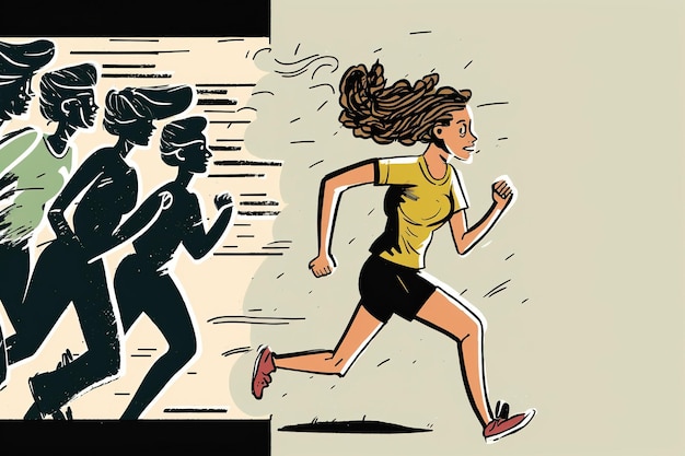 Feminist illustration of a sporty woman running in first place copy space