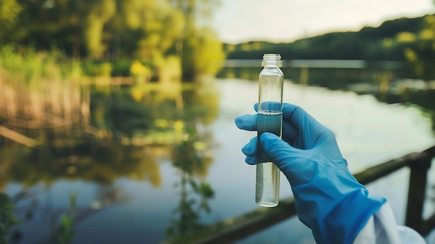 Photo fence check the water sample for infections gloved hand with flask and a test tube o generative ai