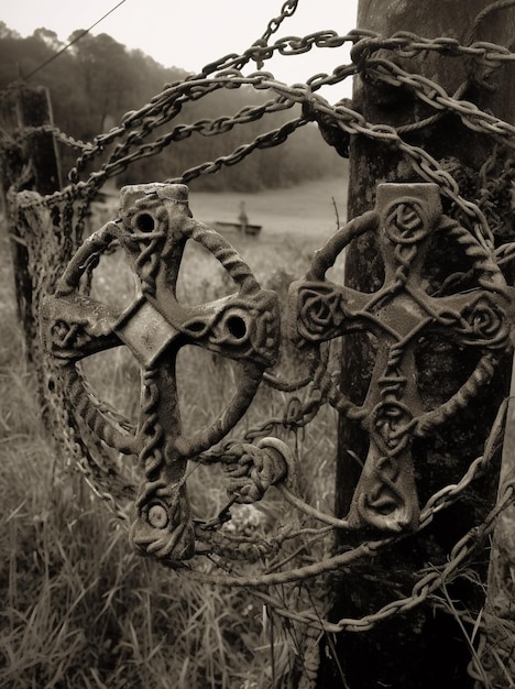 A fence with chains and a cross on it