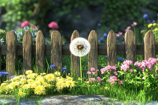 Photo a fence with a dandelion in the middle of it