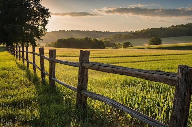 a fence with a fence and a field with a fence in the background