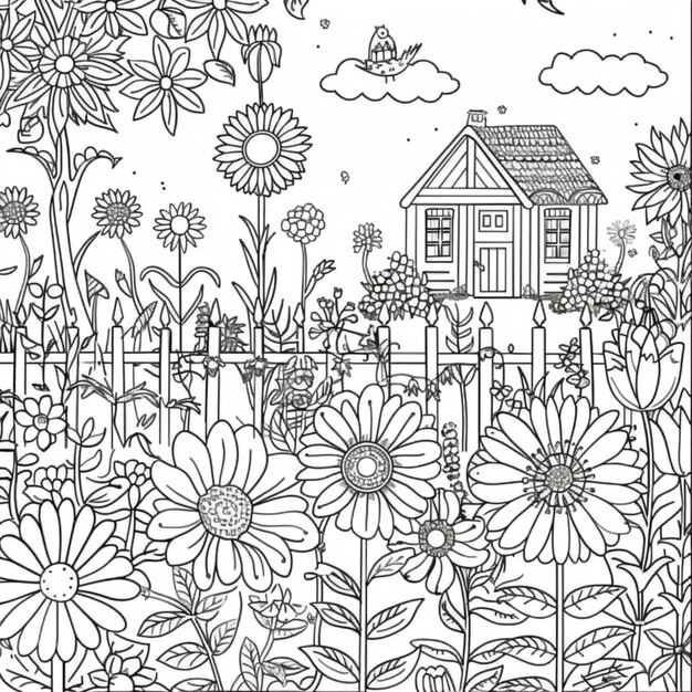 a fence with flowers and a bird flying in the sky