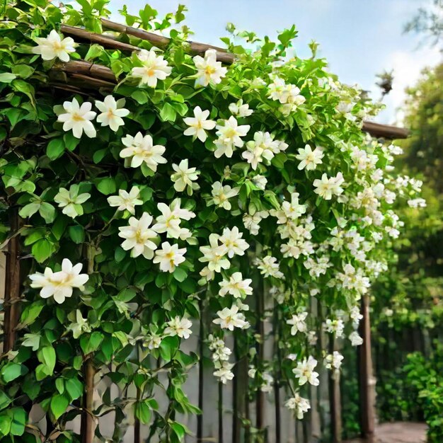 a fence with flowers and a fence with a fence in the background