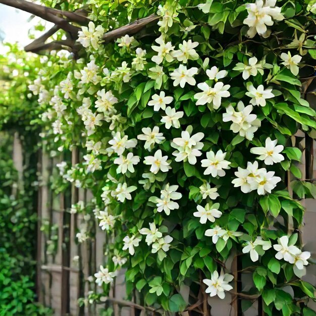 a fence with flowers and a fence with a fence in the background