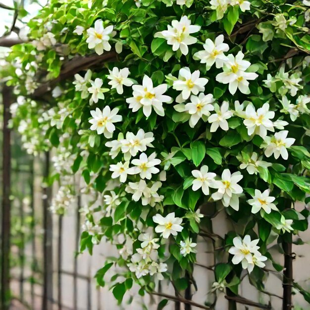 a fence with a plant growing on it and a fence with a fence in the background