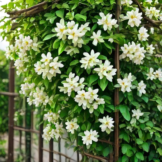 a fence with a plant that has white flowers on it