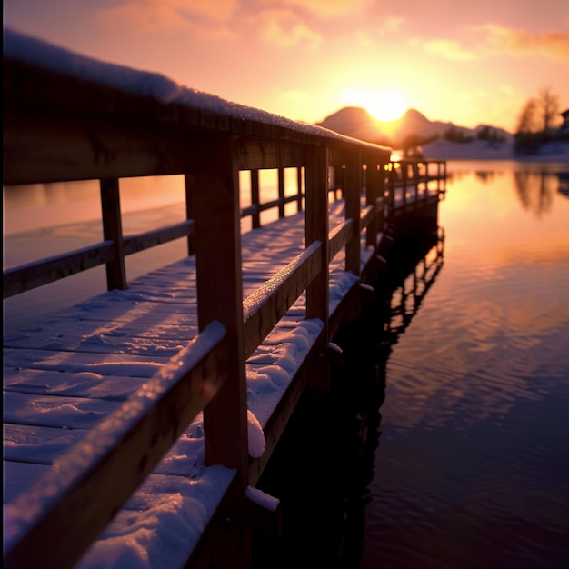 Photo a fence with snow on it and a fence with a bridge in the background