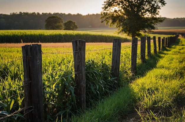 a fence with a tree on it and a fence with a field of corn behind it