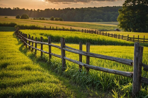 a fence with a wooden fence and a field of grass and trees in the background