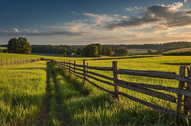 a fence with a wooden fence and a field with a fence in the background