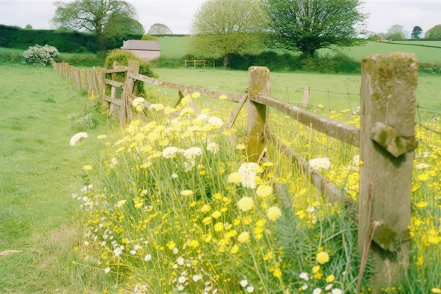 A fence with yellow flowers in front of it