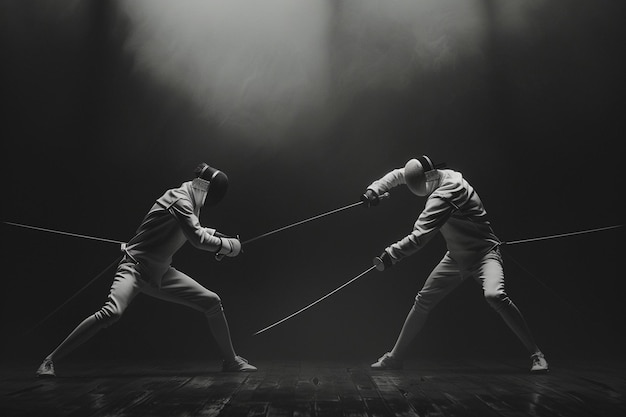 Photo fencers lunging at each other with swords drawn in