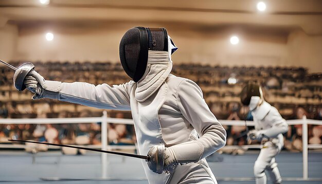 Photo fencing match in arena for paris 2024 olympics