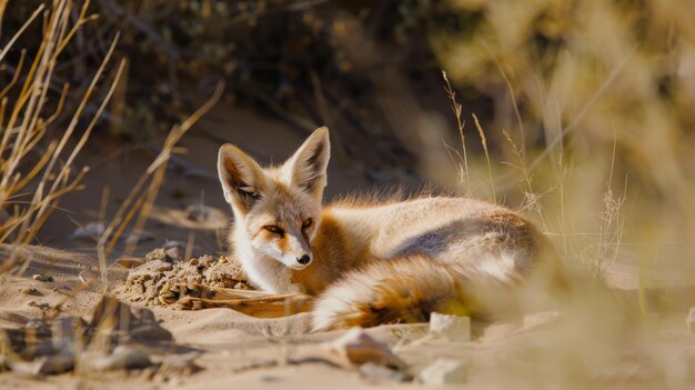 A fennec fox lying alert in the sandy underbrush its large ears and keen eyes focused on something in the distance