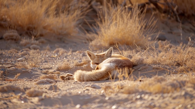 A fennec fox nestles in the golden desert sands soaking up the warm sunlight in a serene natural setting