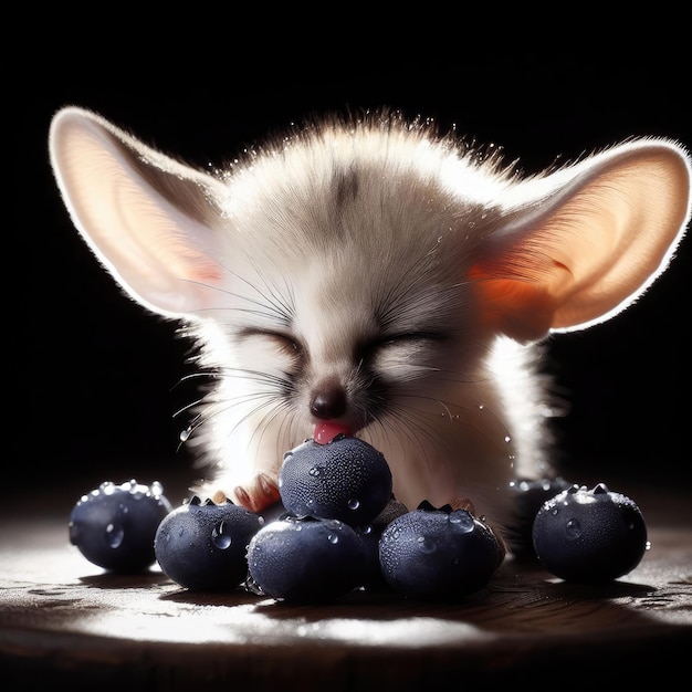 Fennec fox with various berries strawberries blueberries animal background