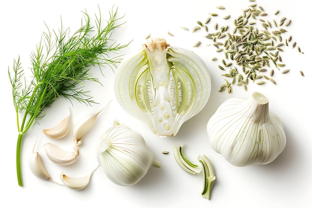 Fennel bulb garlic cloves and fennel seeds isolated on white background