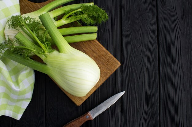 Fennel on the cutting board top view Copy space