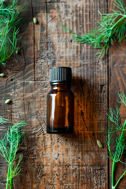 fennel essential oil in a bottle Selective focus