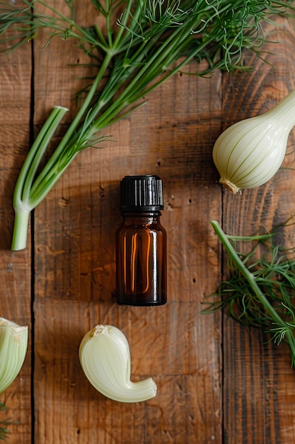 fennel essential oil in a bottle Selective focus