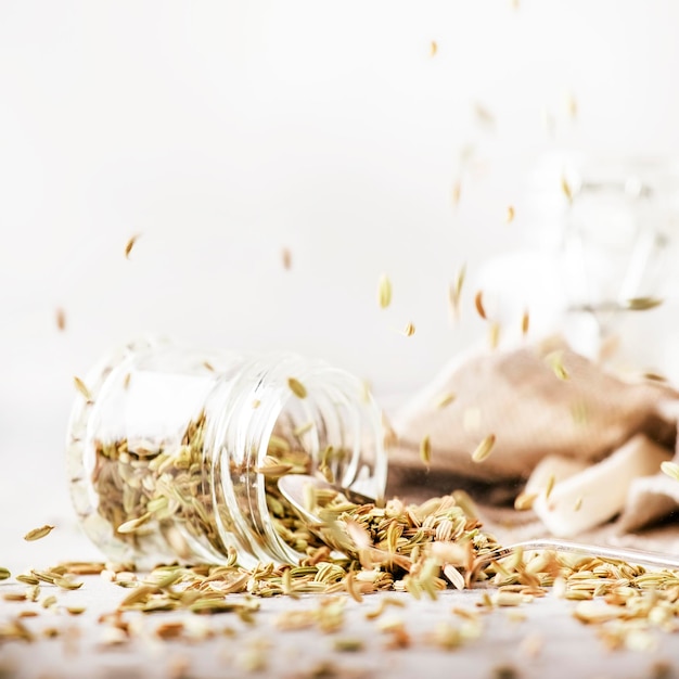 Fennel seeds in a glass jar and a metal spoon gray kitchen table background selective focus