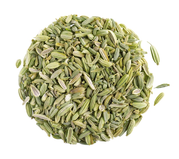 Fennel seeds isolated on white background Green fennel grains Spices and herbs Top view