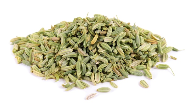 Fennel seeds isolated on white background Green fennel grains Spices and herbs