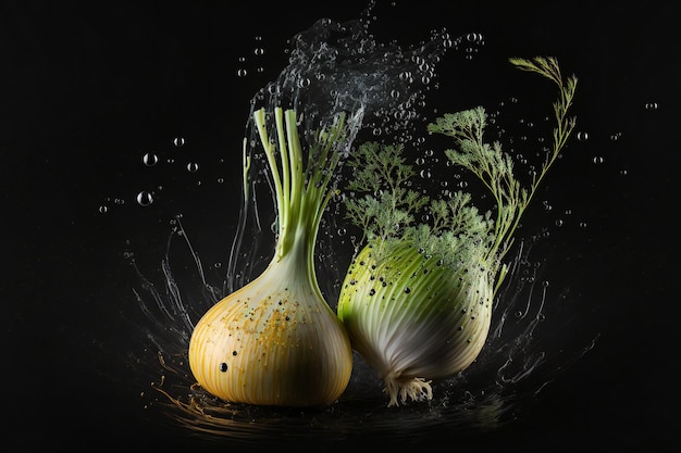 Fennel vegetables splash isolated on black background