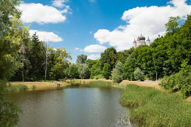 Feofania is the youngest garden in Kiev. Pond in summer sunny day