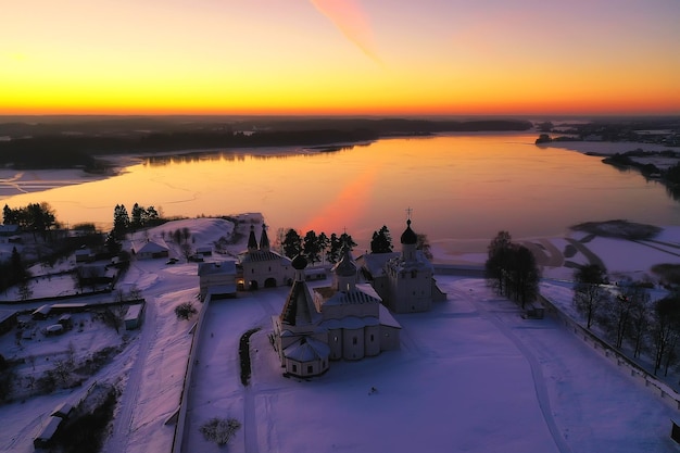 ferapontovo winter monastery landscape, top view christmas religion architecture background