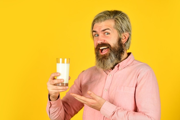 Fermented foods healthy eating concept happy farmer present milk glass bearded man drink useful milk Probiotics dairy bacteria types Beneficial useful milk microorganisms