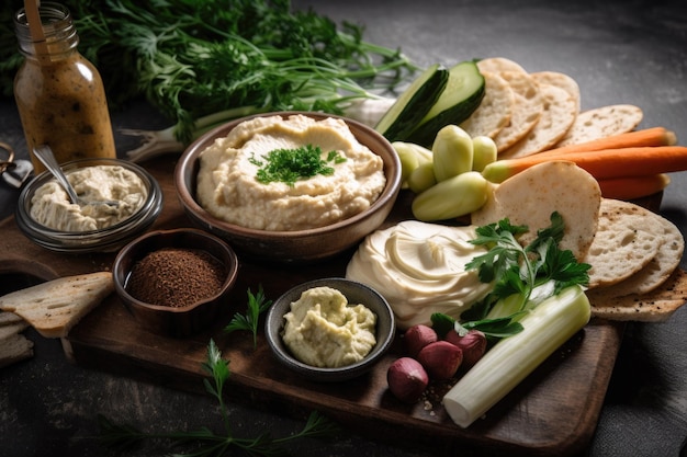 Fermented foods making plate with hummus pickles and flatbread created with generative ai