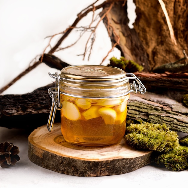 Fermented honey with garlic in a jar in nature