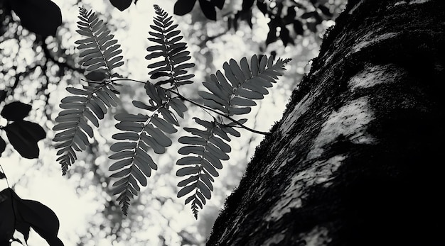 Fern Branch Silhouetted Against Tree Trunk and Light