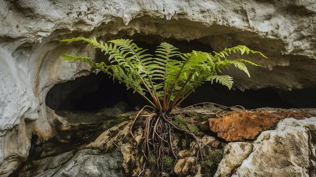 Photo a fern growing out of a rock face with a tree growing out of it