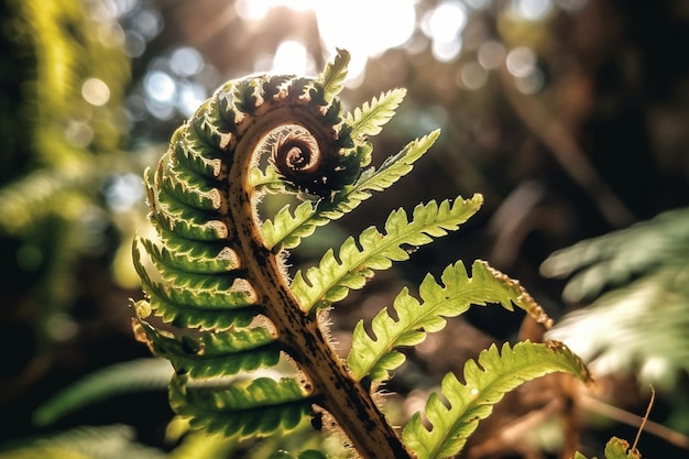 A fern leaf in the forest with the sun shining on it.