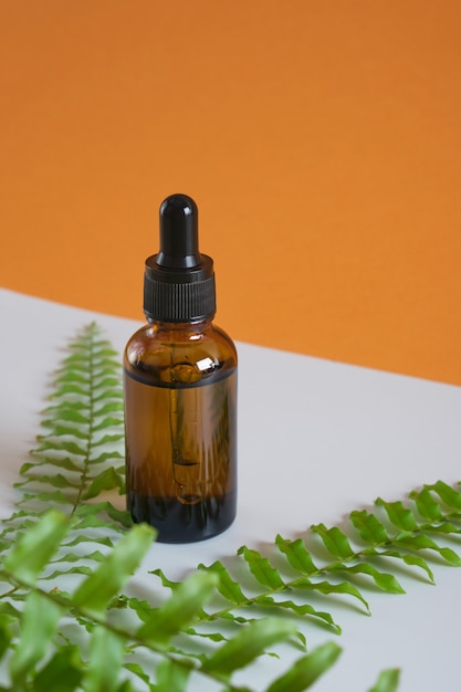 Fern leaves and brown glass dropper bottle on gray and brown background, natural cosmetics concept, body and face skin care, serum or cosmetic oil in a bottle with a dropper