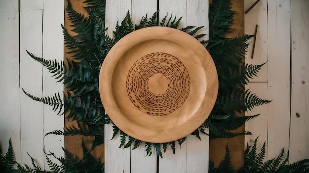 Fern leaves and circle wooden plate over white wood pannels