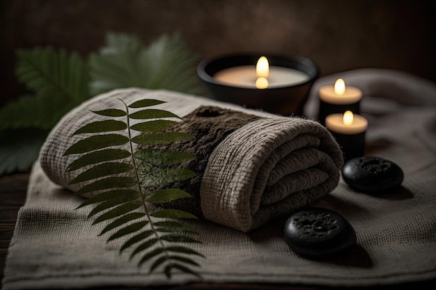 A fern towel with candles and black hot stone on a wooden Illustration AI Generative