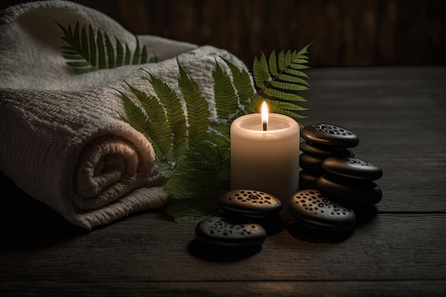 A fern towel with candles and black hot stone on a wooden Illustration AI Generative