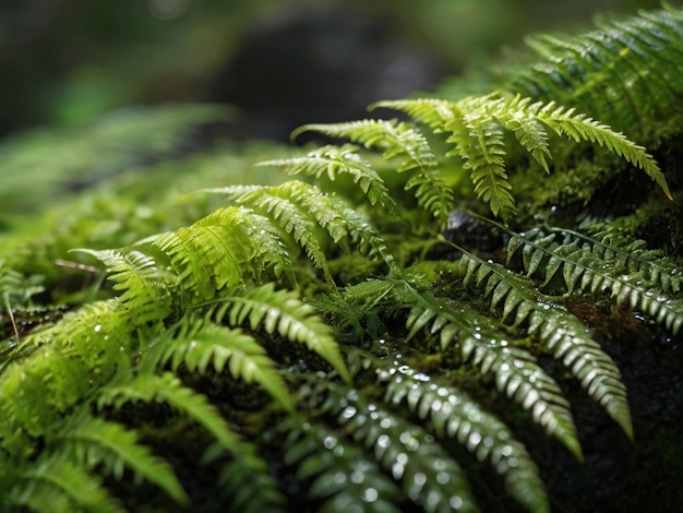 a fern with water drops on it and a small stream of water