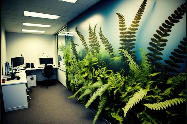 Ferns growing everywhere in office room created with generative ai