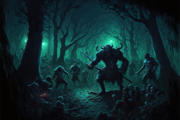 Ferocious battle of night elves and orcs Digital art style illustration painting fantasy concept of a Ferocious battle