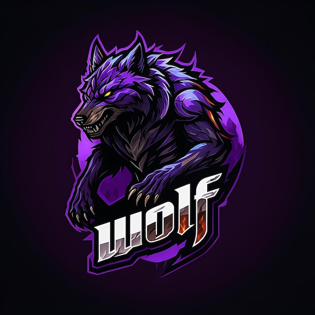 Photo a ferocious purple wolf mascot with a fiery background