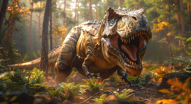 Ferocious Tyrannosaurus Rex roaring in a sunlit prehistoric forest